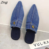 kamames Design Slippers 2023 Spring New Pointed Deep Mouth Thick High-heeled Denim Outer Wear Baotou Slippers Shoes for Women