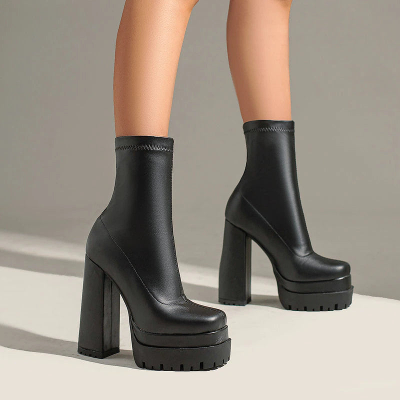 kamames Fashion Stretch Platform Women Ankle Boots Square High Heel Punk Boots Slip On Autumn Winter Female Shoes Plus Size 42 43
