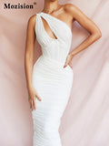 kamames Diagonal Collar Ruched Dress Women Solid Summer Backless White Club Outfits Sexy One Shoulder Hollow Out Party Dress