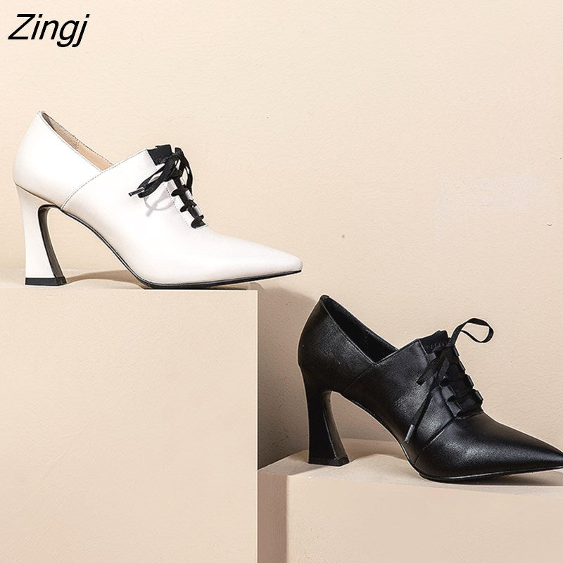 kamames Heels Hoof Pumps Women Lace Up Pumps Cow Leather Shoes Female Fashion Pointed Toe OL Shoes Women Autumn 2023 New