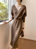 kamames French Casual V-Neck Solid Sweater Knitting Long Sleeve Dress Women Backless Knit Dress Korean Clothing Robe Autumn 2023