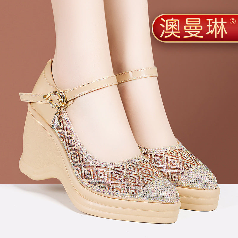 kamames Heel Water Drill Sandals 2024 Summer New Soft-Soled High-Heeled Thick-Soled Waterproof Platform One-Word Buckle Comfortable Hollowed-Out Single Shoes