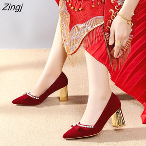 kamames Red Velvet Pearls Pumps Woman Sexy Pointed Toe Thin High Heels Party Wedding Shoes Women Spring 2023 Zapatos Lady