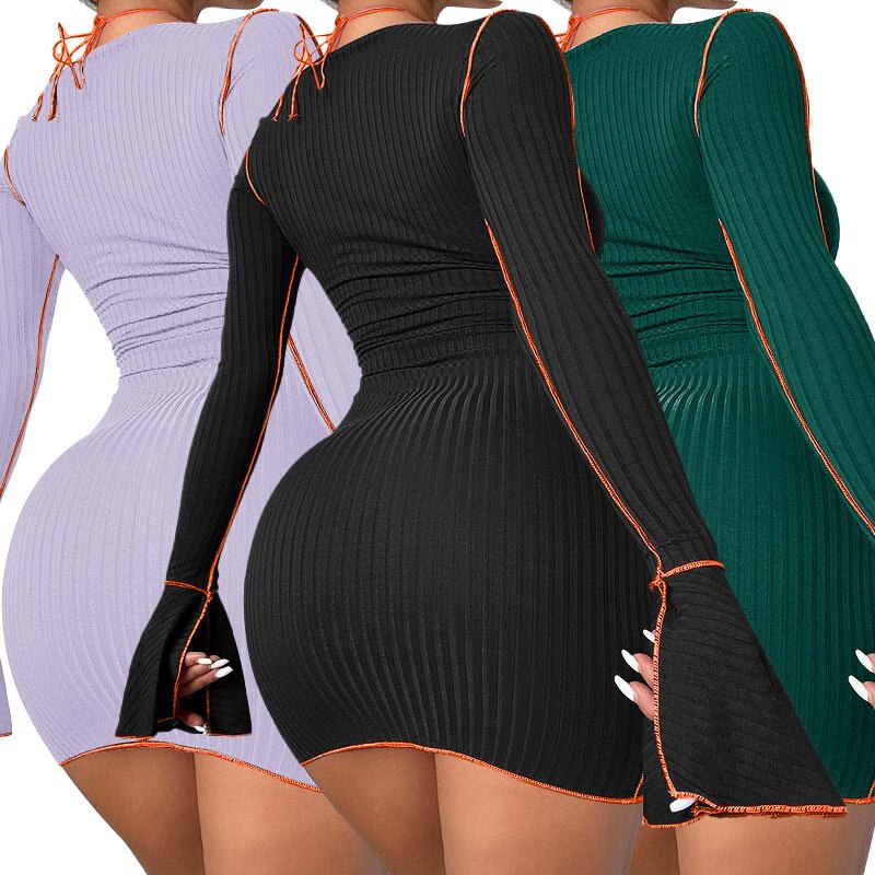 kamames Ribbed Bodycon Dresses Stripe Low-Cut Hollow Out Long Flared Sleeve Club Partywear Fashionable Lace Up Fall Clothing