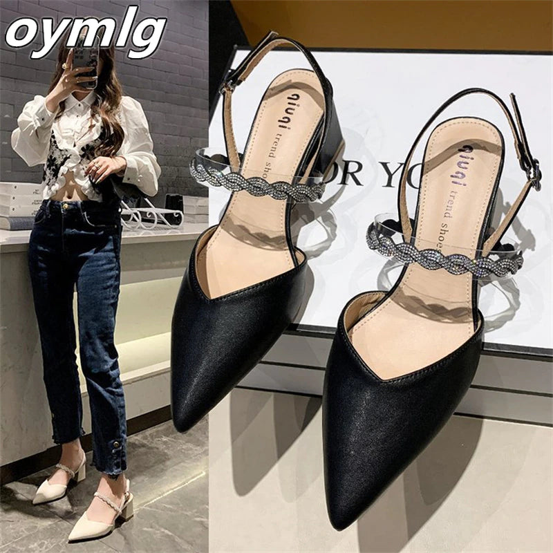 kamames sandals women's summer high heels 2022 new pointed toe back straps rhinestone fairy wind thick heel shoes women