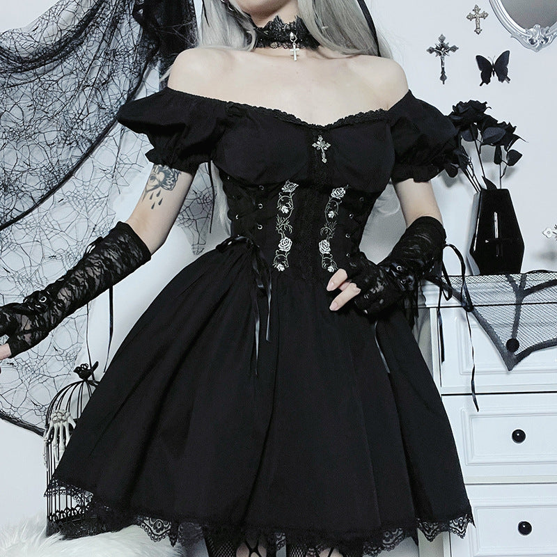 kamames Cross Print Strap Shoulder Lace Spliced Dress Dark Sexy Slim Princess Dress