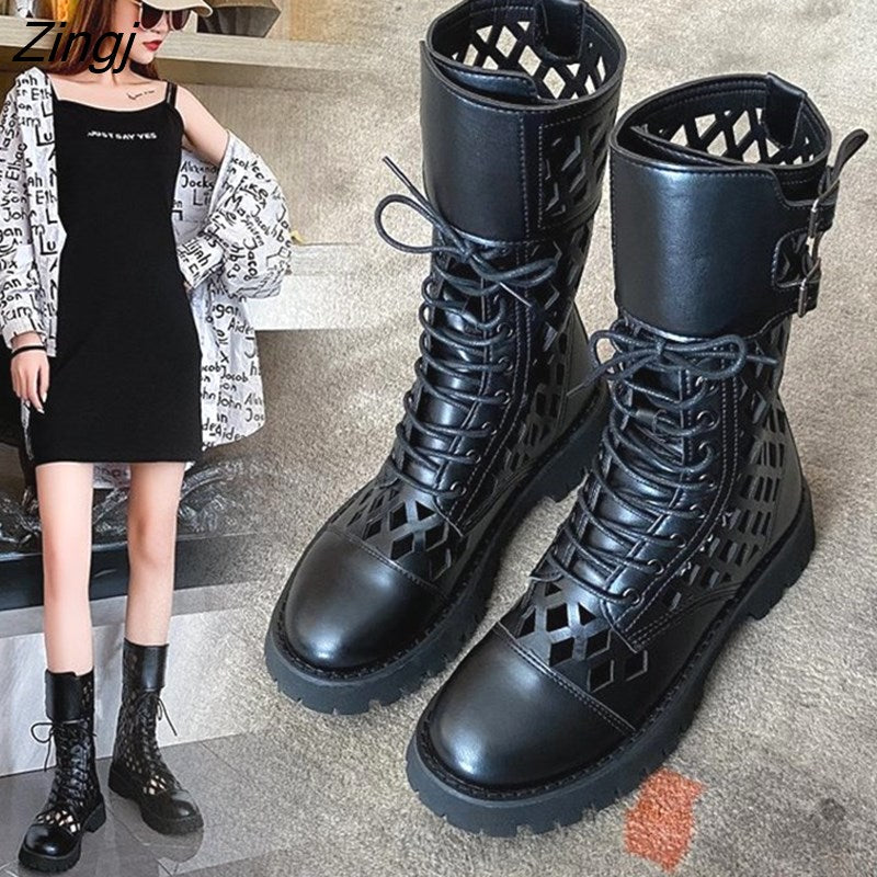 kamames Sales Genuine Leather Hollow Out Short Boots for Women Buckle Round Toe Thiick Heels Pumps Ladies Retro Party Shoe