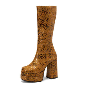 kamames Fashion Women Knee High Boots Flock Platform Chunky High Heel Punk Boots Square Toe Zipper Autumn Winter Ladies Shoes