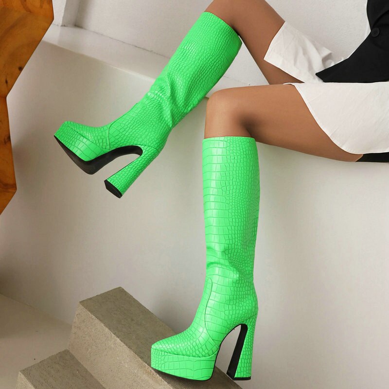 kamames Crocodile Leather Women Knee High Boots Fashion Platform Suqare High Heel Punk Boots Pointed Toe Motorcycle Boots Lady Shoe