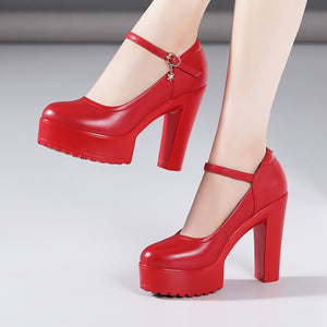 kamames Cowhide Catwalk High Heels Women's Anti-Skid Thick Heel Waterproof Platform Cheongsam Models Soft Leather Work Shoes Women's Singles