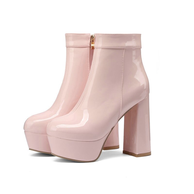 kamames Fashion Platform Women Ankle Boots Bright Pu Leather Square High Heel Punk Boots Autumn Winter Shoes Pink White Black Red