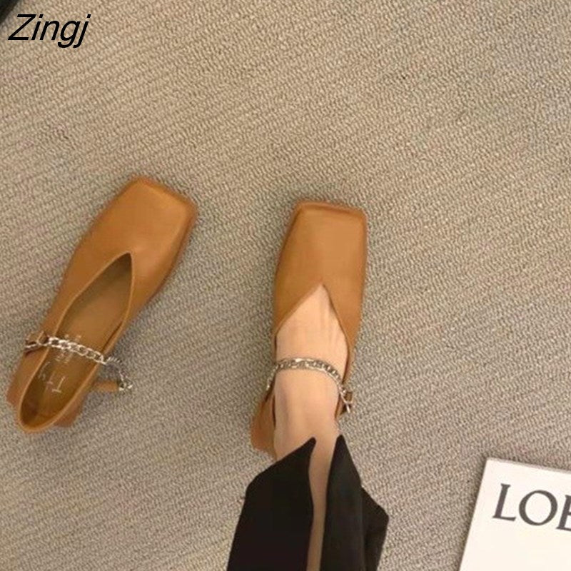 kamames Deformed Heel Autumn Luxury Chain Square Head Shallow Flat Shoes Women's Lazy Loafer Casual Flat Square Heels Lolita Shoes