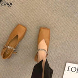 kamames Deformed Heel Autumn Luxury Chain Square Head Shallow Flat Shoes Women's Lazy Loafer Casual Flat Square Heels Lolita Shoes