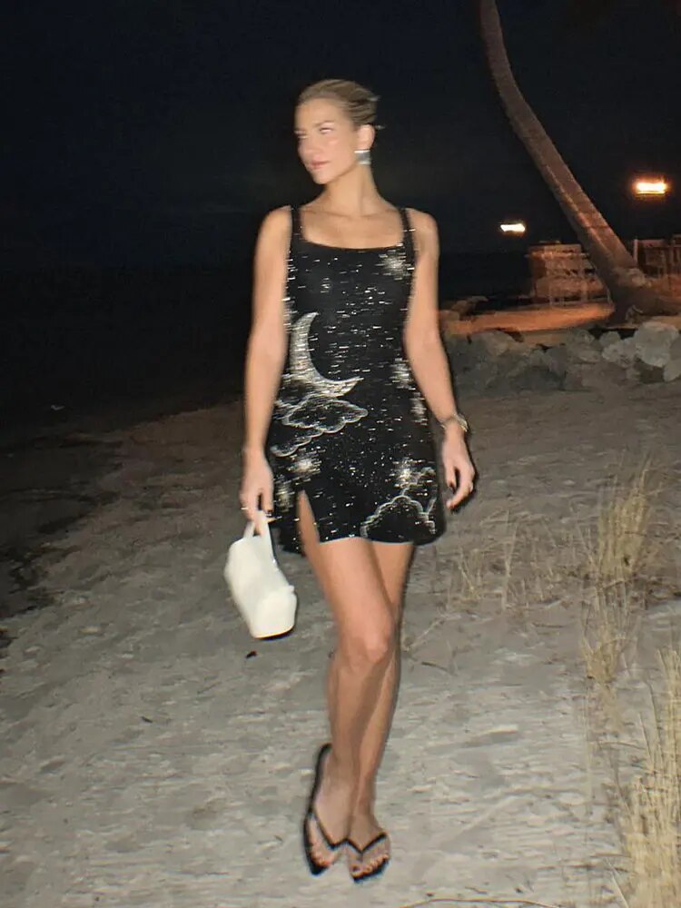 kamames Sequins Printed Sling Mini Dress Women Backless Sleeveless Slim Splited A-line Dresses 2024 Fashion Lady Party Vestidos
