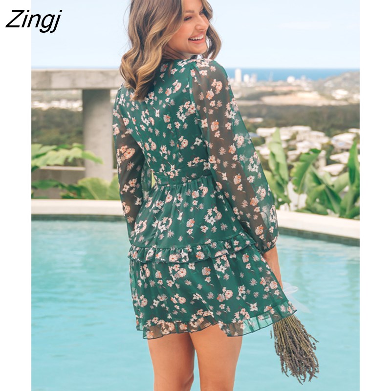 kamames Floral Chiffon V-neck Ruffle Mini Dress Women Sexy Belted Long Sleeve A-line Holiday Beach Dress 2023 Summer Female Dress