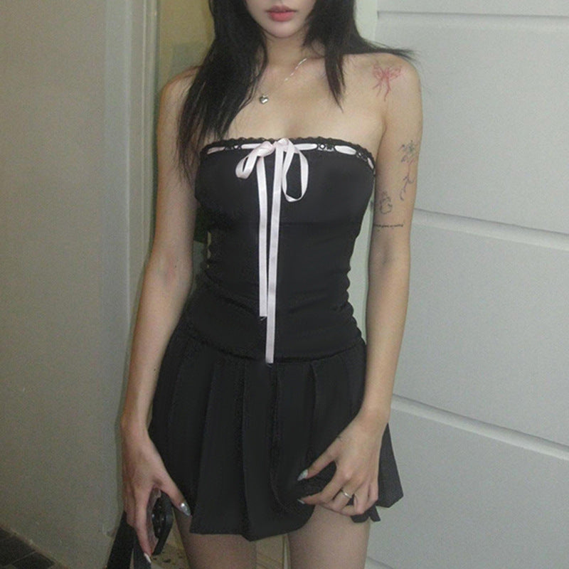 kamames Design Color Tie Bow To Wipe The Breast Skirt With The Word Collar Waist Show Thin Pleated Skirt Dress Woman