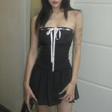 kamames Design Color Tie Bow To Wipe The Breast Skirt With The Word Collar Waist Show Thin Pleated Skirt Dress Woman