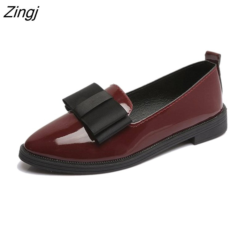 kamames Flats Women Shoes Bowtie Loafers Patent Leather Women's Low Heels Slip On Footwear Female Pointed Toe Thick Heel