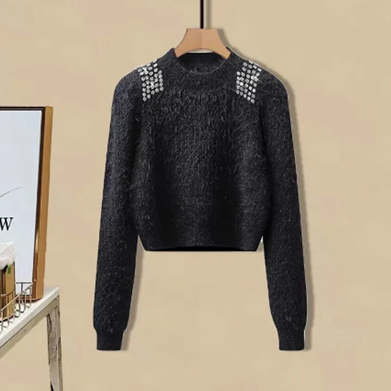 kamames Fall Winter Knitwear Two Piece Sets For Women Outfits Ladies Elegant Diamond Sequined Knitted Sweater And Warm Pants Sets