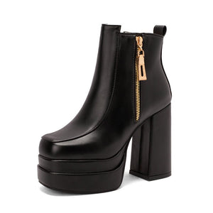 kamames Fashion Women Boots Double Platform Chunky High Heel Ankle Boots Square Toe Zipper Punk Boots Autumn Winter Lady Shoes