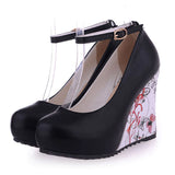 kamames Sgesvier large Sizes 34-43 Wedges High Heels Party wedding Pumps shoe Flower Print Platform Ankle-Strap Women Shoes Woman pumps