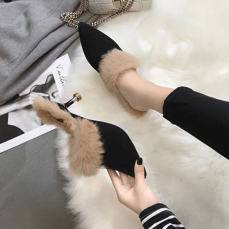 kamames Rabbit Fur Slippers Mules Pointed Toe Elegant High heels Shoes Women's Autumn New Furry Slides Flip Flops Office Work Shose