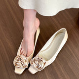 kamames Roses! Gentle Apricot Silk Satin Head Shallow Mouth Single Shoes Women's Low Thick Heels Flat Shoes