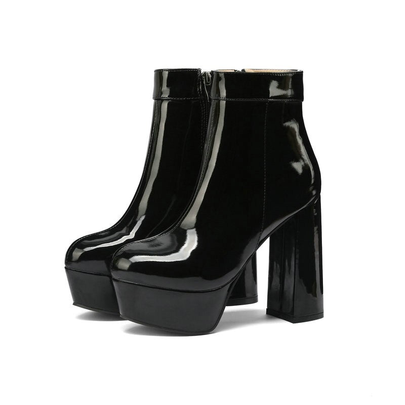 kamames Fashion Platform Women Ankle Boots Bright Pu Leather Square High Heel Punk Boots Autumn Winter Shoes Pink White Black Red