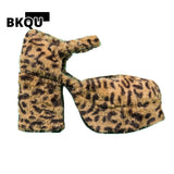 kamames Fur Platform Pumps Womens Round Toe Leopard Mixed Colors Block High Heel Shoes Lolita Cosplay Halloween Real Leather 2022