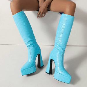 kamames Crocodile Leather Women Knee High Boots Fashion Platform Suqare High Heel Punk Boots Pointed Toe Motorcycle Boots Lady Shoe