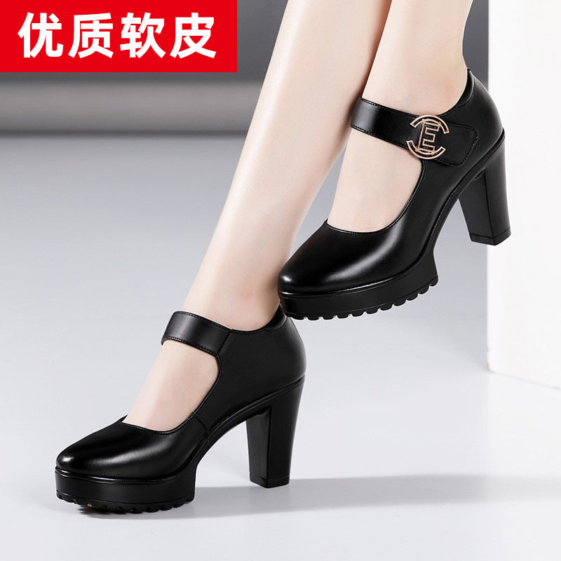kamames Cowhide Cheongsam Model Catwalk High Heels Women's Non-Slip Round Head Thick-Soled Waterproof Platform Professional Work Shoes Women's Singles Shoes