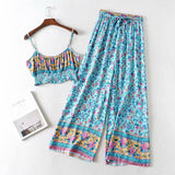 kamames Queens Women Bohemian Two Piece Outfits Off Shoulder Sleeveless Tops Wide Leg Pants 2 Pieces Boho Sets