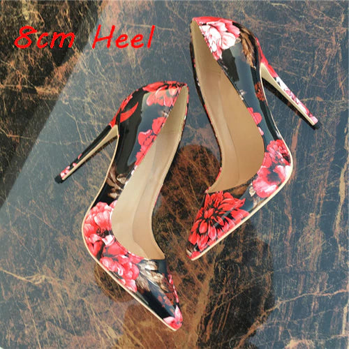 kamames red black flower pointed toe new ladies high-heeled shoes women's shoes 12cm extreme high heel QP061 ROVICIYA