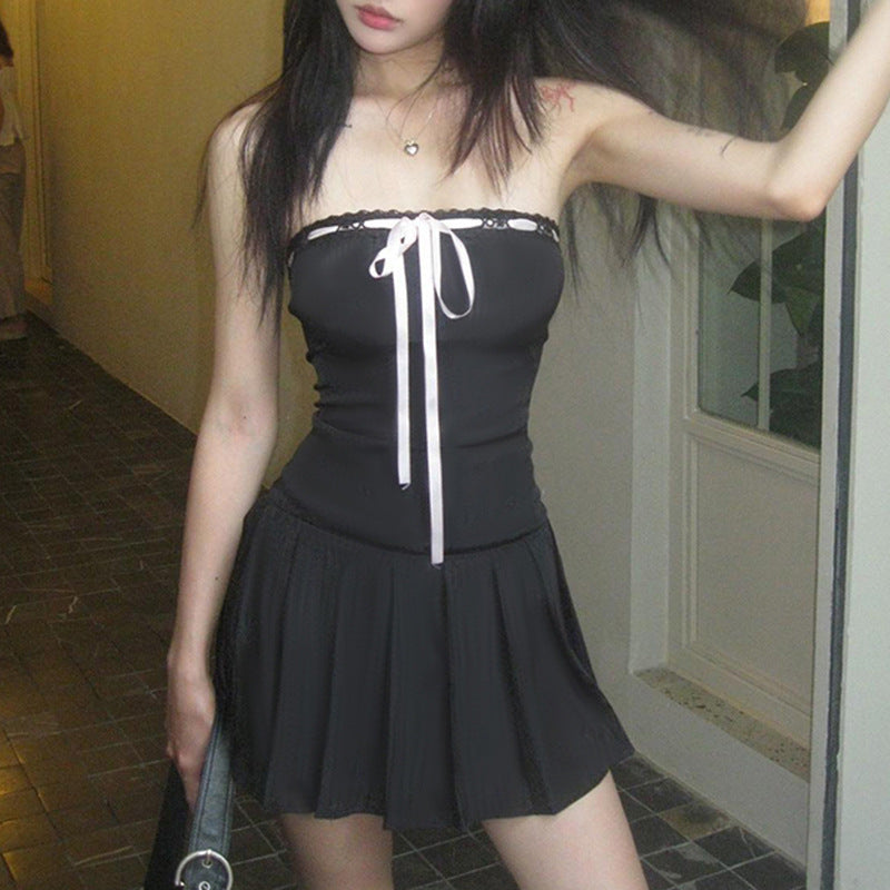 kamames Design Color Tie Bow To Wipe The Breast Skirt With The Word Collar Waist Show Thin Pleated Skirt Dress Woman