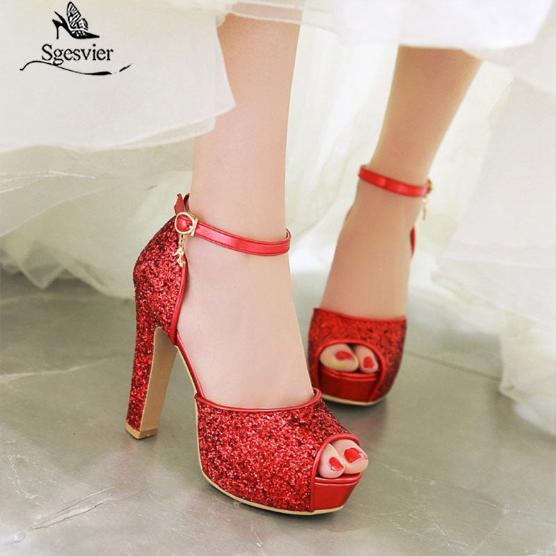 kamames SGESVIER Women New Summer Sandals Sexy Bride Wedding Party Shoes Peep Toe Thick Heel Platform Red Gold Sandals Shoes Woman OX362