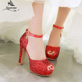 kamames SGESVIER Women New Summer Sandals Sexy Bride Wedding Party Shoes Peep Toe Thick Heel Platform Red Gold Sandals Shoes Woman OX362