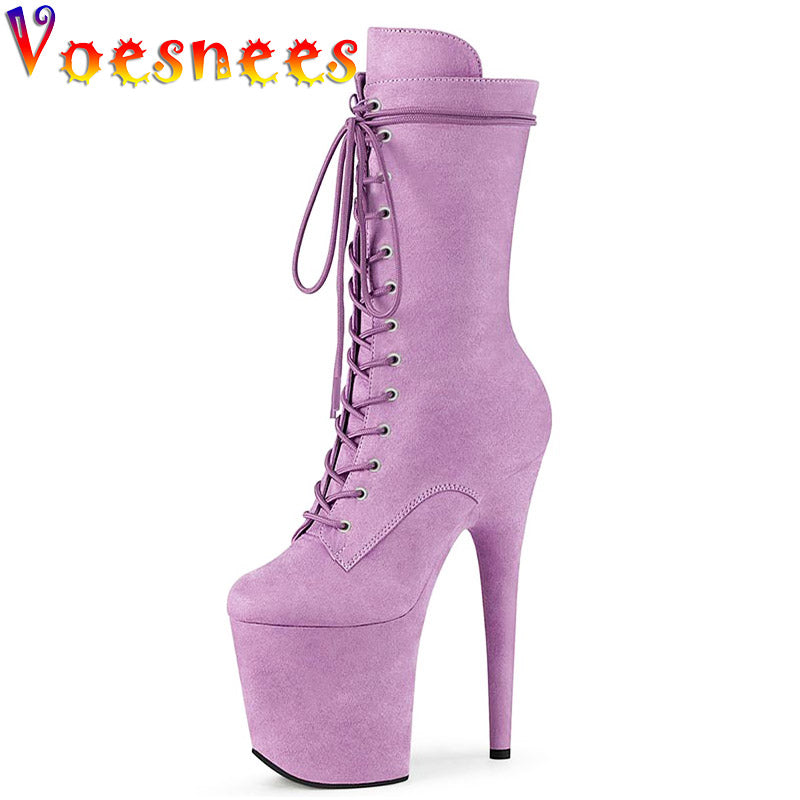 kamames Pure Colour Lace Up Model Walk Show Short Boots Suede Stripper 20CM Super High Heel Shoe Women Candy Color Platforms Party Pumps