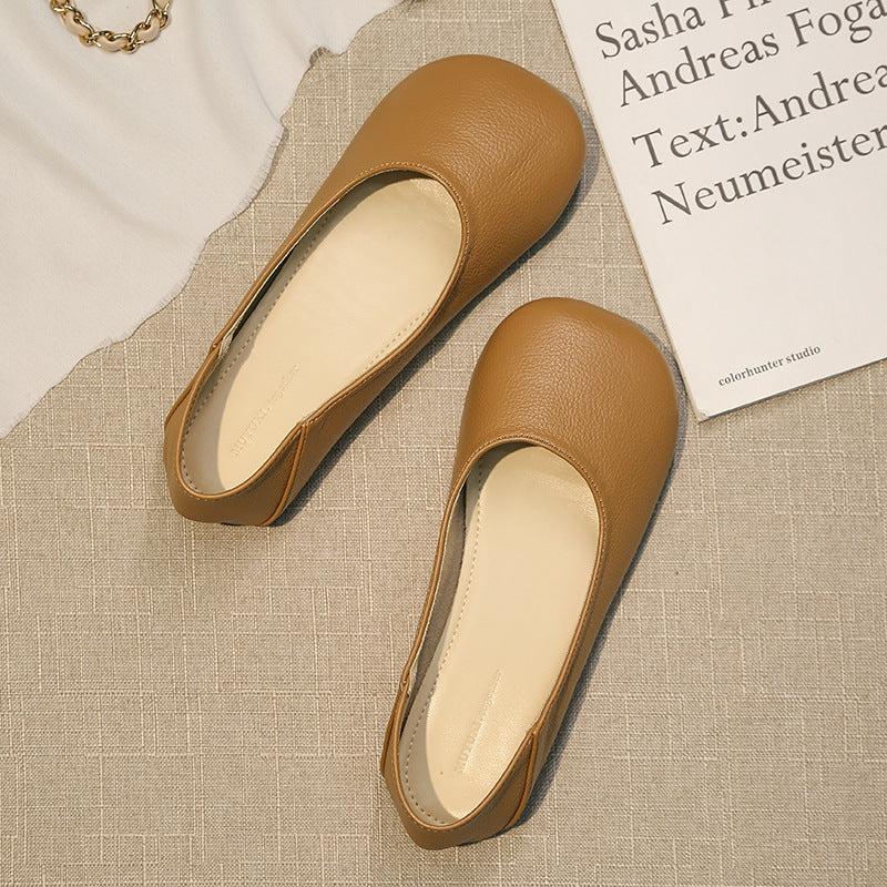 kamames Grandma Shoes Women's Summer 2024 New Flat-Soled Shallow Single Shoes Retro Mango Head Bean Shoes Low-Heeled Leather Shoes