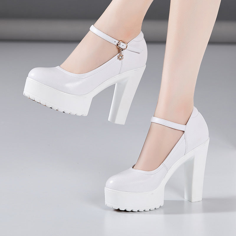 kamames Cowhide Catwalk High Heels Women's Anti-Skid Thick Heel Waterproof Platform Cheongsam Models Soft Leather Work Shoes Women's Singles