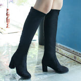 kamames Fashion Knee High Boots Women's Winter Boots Thick High Heel Stretc Long Boots Slip On Autumn Shoes Woman Black White