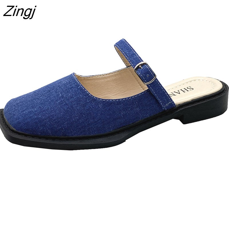 kamames Deformed Heel Autumn Luxury Chain Square Head Shallow Flat Shoes Women's Lazy Loafer Casual Flat Square Heels Lolita Shoes