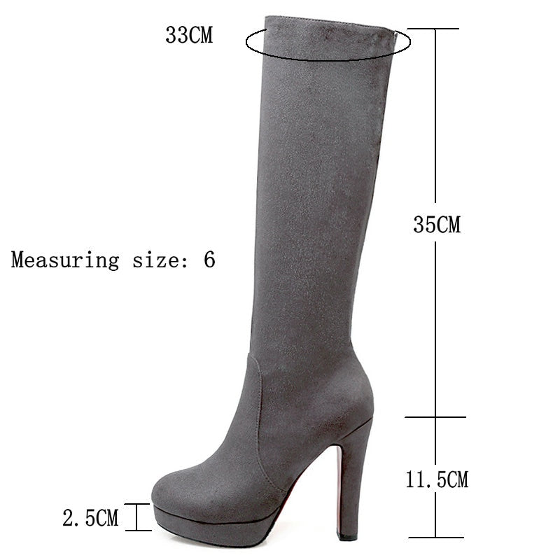 kamames Gray Women Flock Square High Heel Knee High Boots Fashion Platform Zipper Boots Autumn Winter Woman Shoes Brown Wine Red