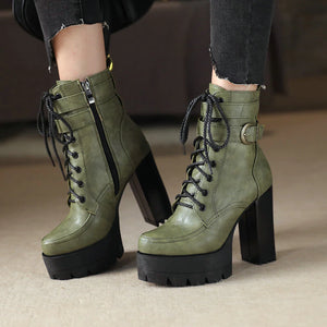 kamames Platform Women Boots Square High Heel Ankle Boots Lace Up Zipper Motorcycle boots Autumn Winter Plush Ladies Shoes