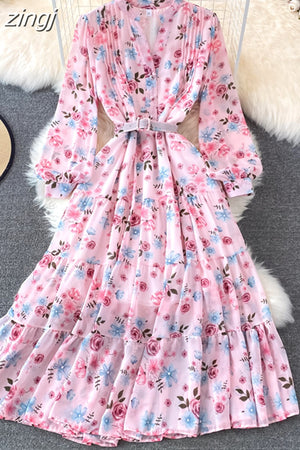 kamames Floral Midi Dress Women Elegant V-Neck Lantern Long Sleeve High Waist Draped A-Line Casual Vestidos Female Spring Autumn