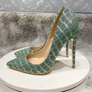 kamames Plaid 12cm pumps stiletto shallow pointed toe sexy shoes party nightclub women shoes 8cm 10cm high heel BM040 ROVICIYA