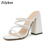 kamames Sexy Snake Print Leather Women Slippers Outdoor Open Toe Sliders Shoes Fashion Square High Heels Summer Sandals