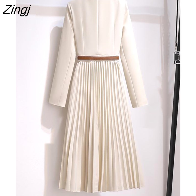 kamames Fashion Women's Suit Dress New Notched Long Sleeve Waist Fake Two Pcs Spliced Pleated Mid-calf Dresses Summer 2023 17A2216