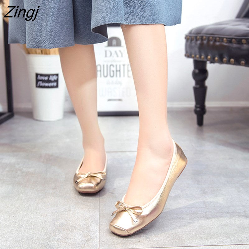 kamames Flats Women Shoes Casual Women Flats Soft Elegant Ladies Boat Shoes Slip-on Woman Ballet Flats Black Gold Grey A1375