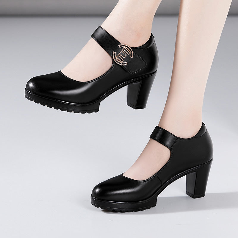 kamames Cowhide Cheongsam Model Catwalk High Heels Women's Non-Slip Round Head Thick-Soled Waterproof Platform Professional Work Shoes Women's Singles Shoes
