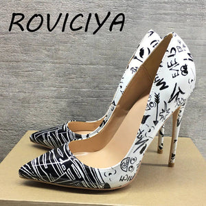 kamames fashion pointed toe 12cm high-heeled exquisite black white graffiti elegant single shoes ladies party shoes QP014 ROVICIYA